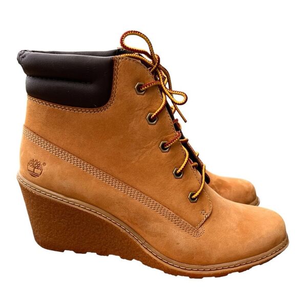 Timberland Amston 6 Inch Wheat Nubuck Wedge Heel Boots Size 8 - Picture 1 of 11